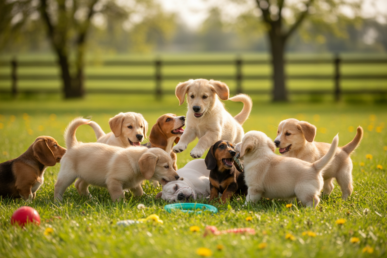 create an image puppies playing happy in ground 